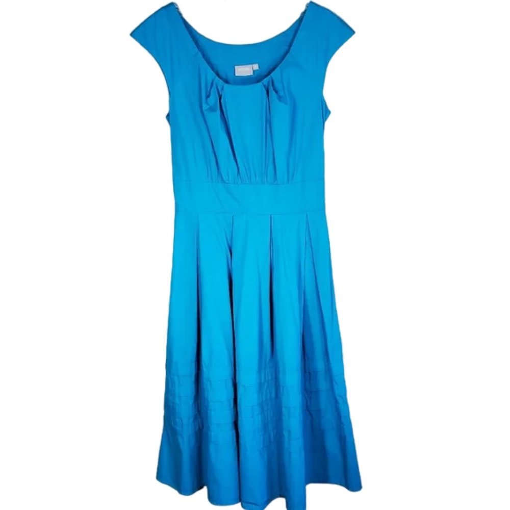 eShakti Midi Dress Blue 100% Cotton Modest Pleated Scoop Neck Summer Vacation S